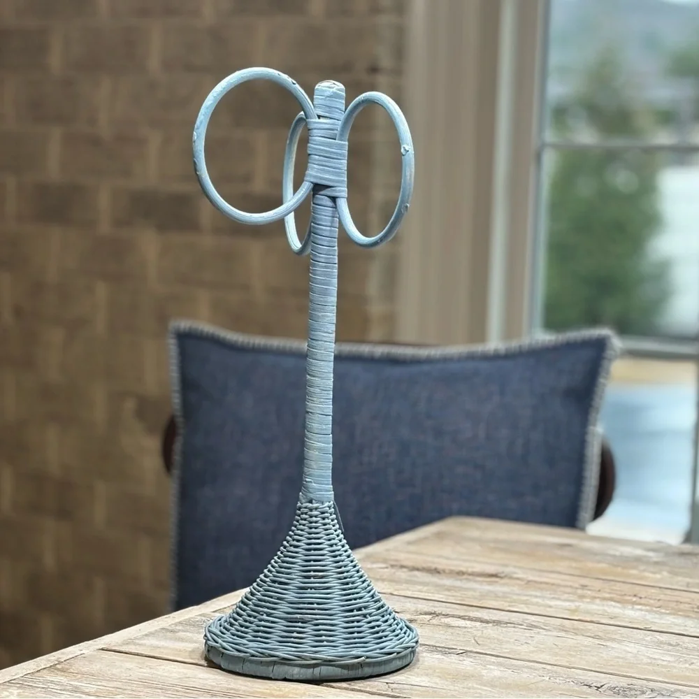 Vintage 1980s Wicker Towel Holder. 17”T Country Blue. Cottagecore
